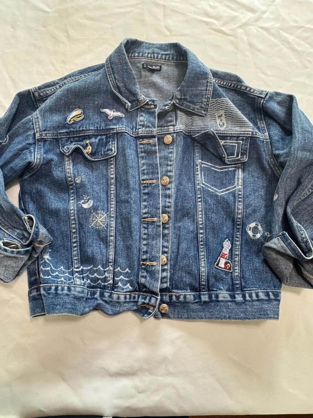 Vintage Inspired Nautical Denim Jacket Patchwork Streetwear Coat - Picture 1 of 10